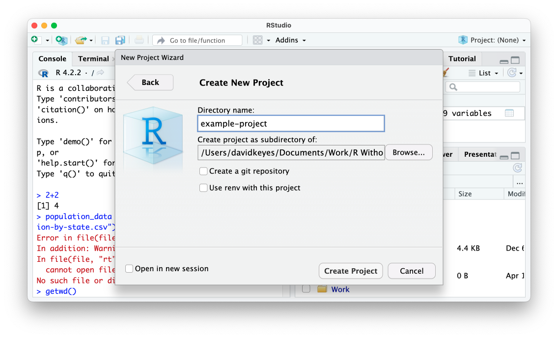 The RStudio prompt to create a new project
