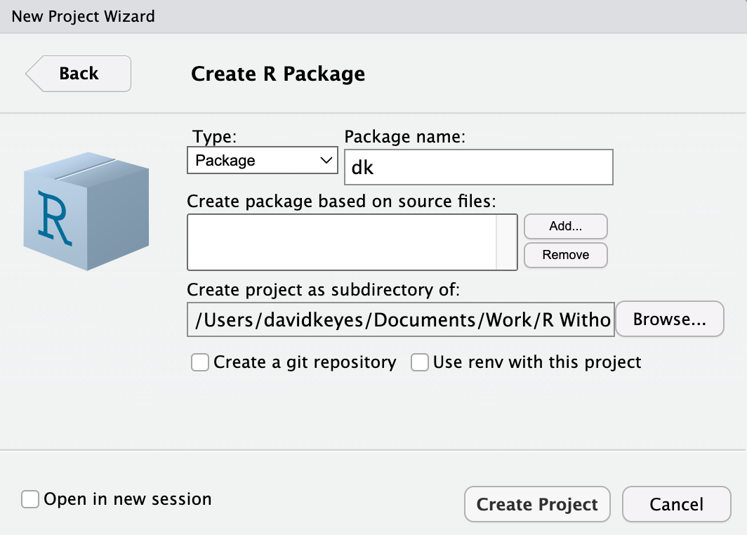 The RStudio menu for creating your package