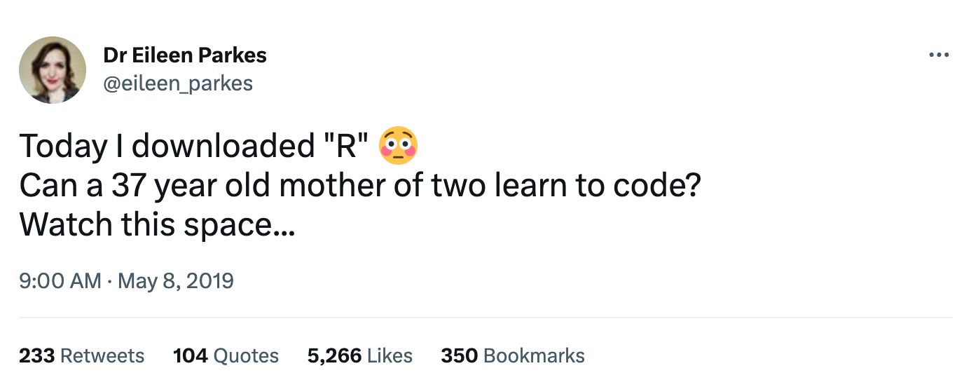 A screenshot of Eileen Parkes wondering if she can learn how to code with R