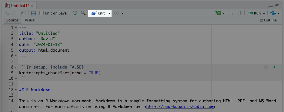 The knit button in RStudio