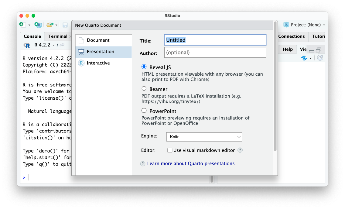 The RStudio menu to make a new Quarto presentation