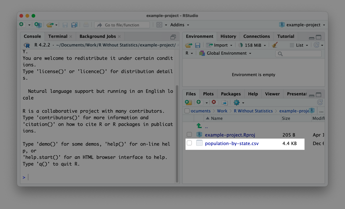 A CSV file visible in the files pane in RStudio