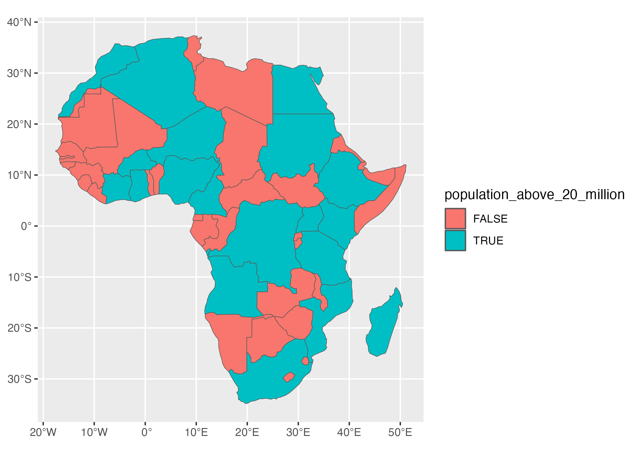 A map of Africa that highlights countries with populations above 20 million people