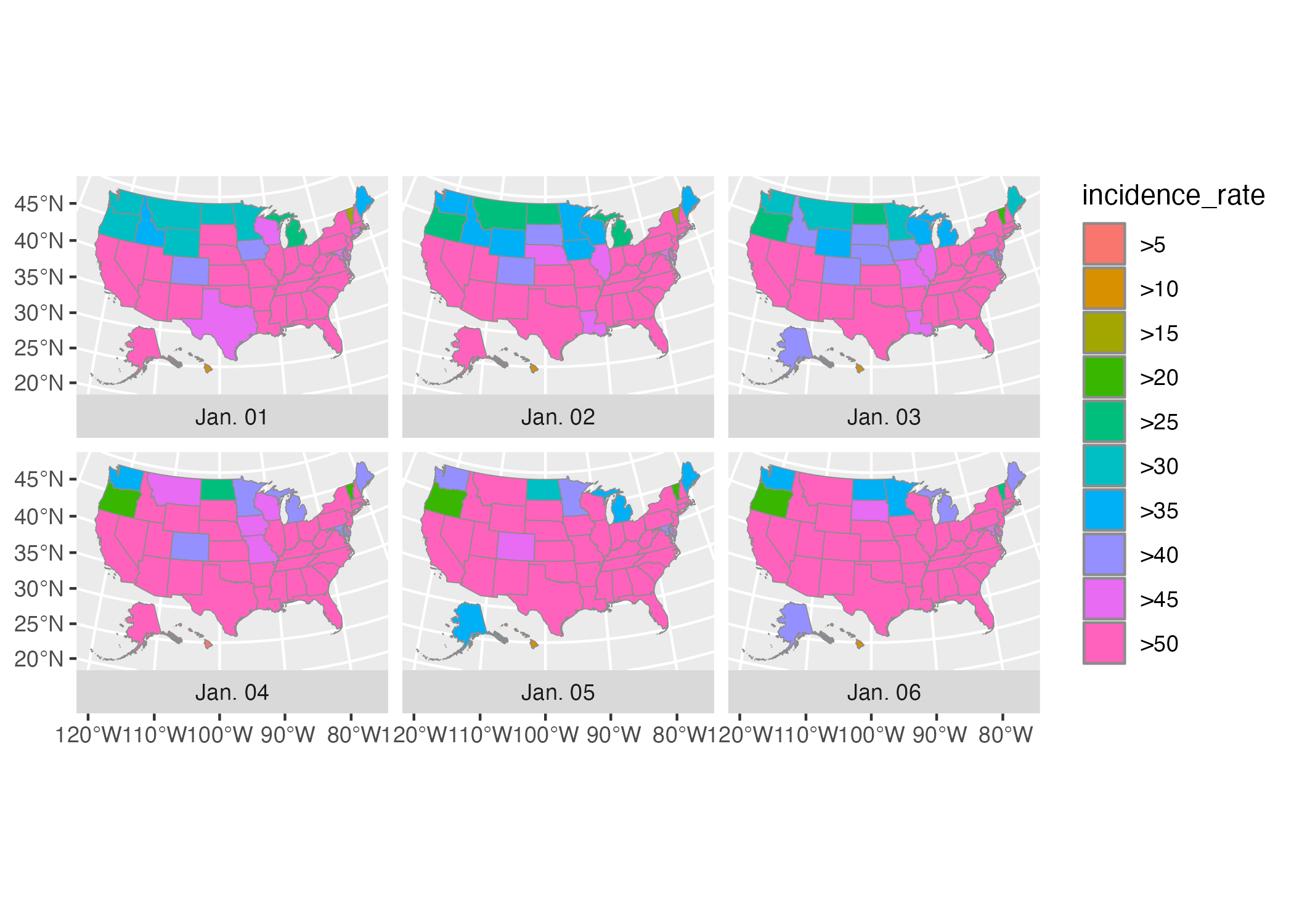 A map showing the incidence rate of COVID for the first six days of 2021