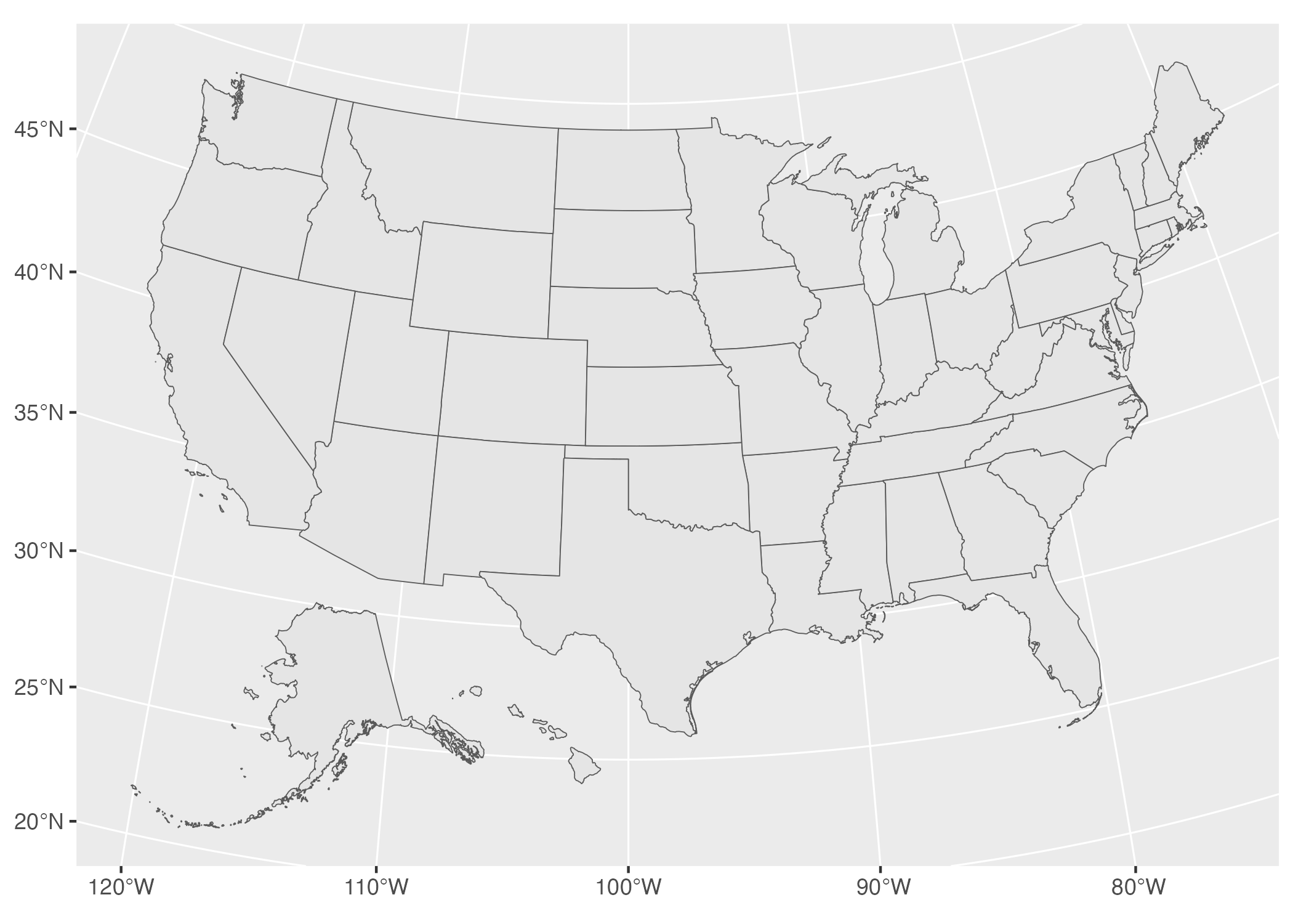 A map of the United States using the Albers equal-area conic convenience projection