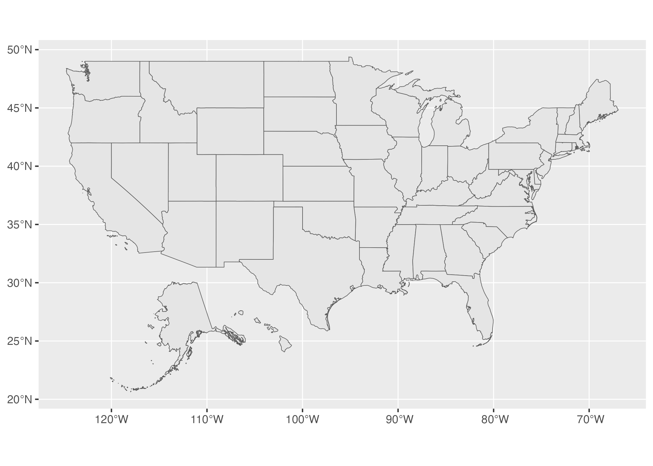 A map of the United States using the WGS84 projection